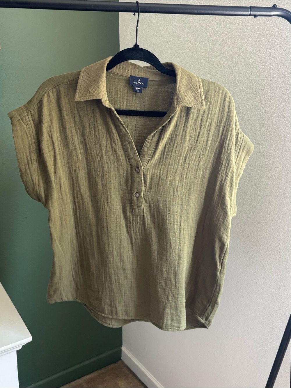 Nautica Olive Green Short Sleeve Henley Top